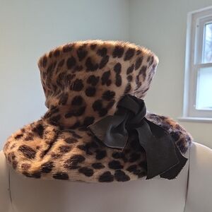 Leopard Print Faux Fur Hat with Black Bow